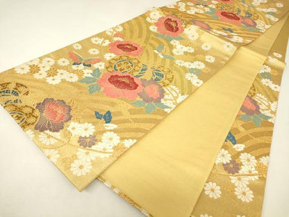 平和屋着物▼六通柄袋帯　鼓花蝶文　金糸　正絹　逸品　DABJ1961az