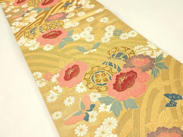 平和屋着物▼六通柄袋帯　鼓花蝶文　金糸　正絹　逸品　DABJ1961az