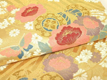 平和屋着物▼六通柄袋帯　鼓花蝶文　金糸　正絹　逸品　DABJ1961az