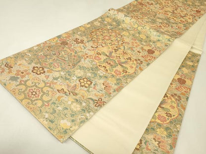 平和屋着物▼六通柄袋帯　古代彫金紋　正倉院向かい鳥花文　正絹　逸品　DABJ1997az