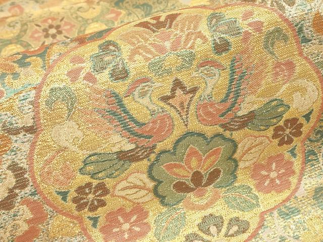 平和屋着物▼六通柄袋帯　古代彫金紋　正倉院向かい鳥花文　正絹　逸品　DABJ1997az