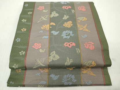 平和屋着物◎八寸名古屋帯　飛鳥花唐草文　正絹　逸品　DABJ3475ea