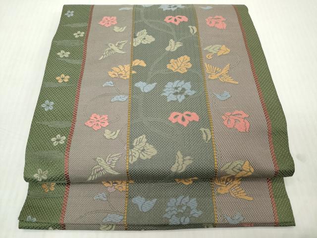 平和屋着物◎八寸名古屋帯　飛鳥花唐草文　正絹　逸品　DABJ3475ea