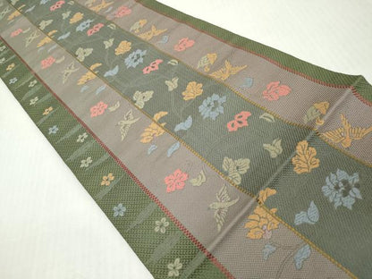平和屋着物◎八寸名古屋帯　飛鳥花唐草文　正絹　逸品　DABJ3475ea