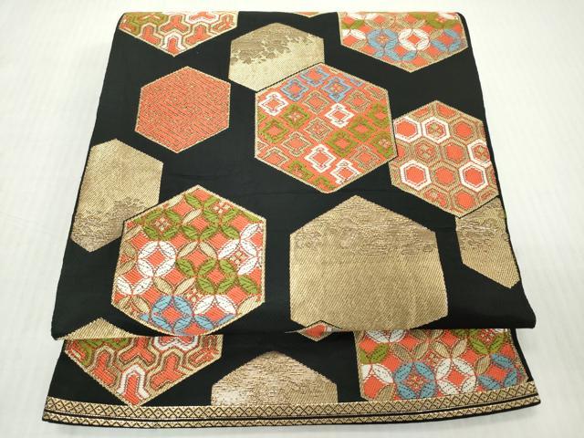 平和屋着物◎六通柄　京本袋帯　吉祥文　黒地　金糸　正絹　逸品　DABJ3460ea