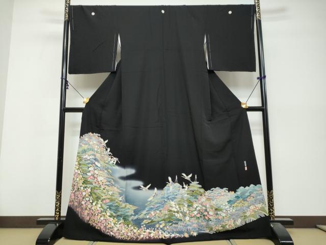 平和屋着物●豪華黒留袖　友禅　作家物　越前海峡　飛鶴草花文　暈し染め　正絹　逸品　DABK0497ud