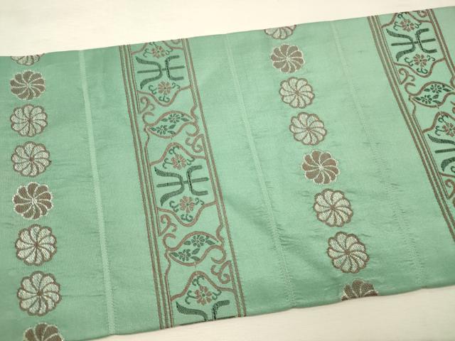 平和屋着物◎九寸名古屋帯　ふくれ織　横段花文　銀糸　正絹　逸品　DABK2557op