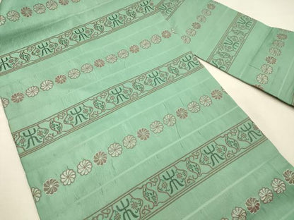 平和屋着物◎九寸名古屋帯　ふくれ織　横段花文　銀糸　正絹　逸品　DABK2557op
