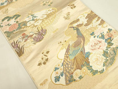 平和屋本店▼六通柄袋帯　唐織　雲取孔雀文　本金箔　正絹　逸品　DABK2640op