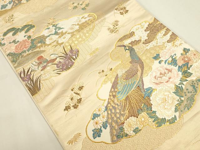 平和屋本店▼六通柄袋帯　唐織　雲取孔雀文　本金箔　正絹　逸品　DABK2640op