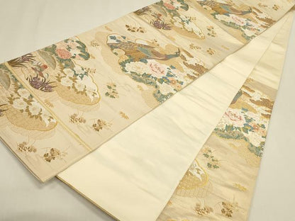 平和屋本店▼六通柄袋帯　唐織　雲取孔雀文　本金箔　正絹　逸品　DABK2640op