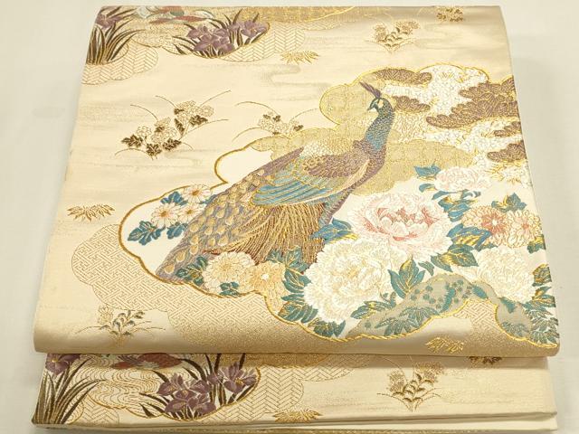 平和屋本店▼六通柄袋帯　唐織　雲取孔雀文　本金箔　正絹　逸品　DABK2640op