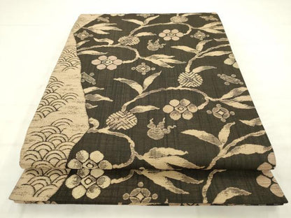 平和屋着物●六通柄袋帯　まわた紬　笹蔓文　正絹　逸品　AABM4662pf