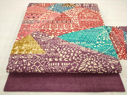 平和屋着物●全通柄九寸名古屋帯　紬地　型染め　風景文　正絹　逸品　AABM4653pf