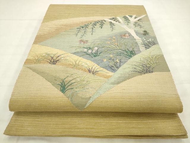 平和屋着物●太鼓柄袋帯　総刺繍　風景花蝶文　正絹　逸品　AABM4654pf