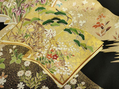 平和屋着物■豪華黒留袖　駒刺繍　冊子花松文　枝梅　金彩　ロング丈　正絹　逸品　DABK6549ya