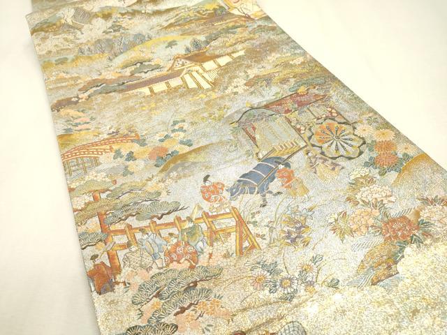 平和屋本店▼極上　西陣あさぎ　丸帯　平安雅祭礼図　純金箔プラチナ　分析通知書付き　正絹　逸品　DABJ7492fe