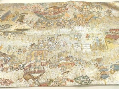 平和屋本店▼極上　西陣あさぎ　丸帯　平安雅祭礼図　純金箔プラチナ　分析通知書付き　正絹　逸品　DABJ7492fe
