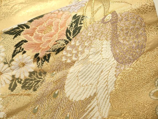 平和屋本店▼六通柄袋帯　唐織　孔雀花文　弐拾四金二重織　正絹　逸品　DABJ7519fe