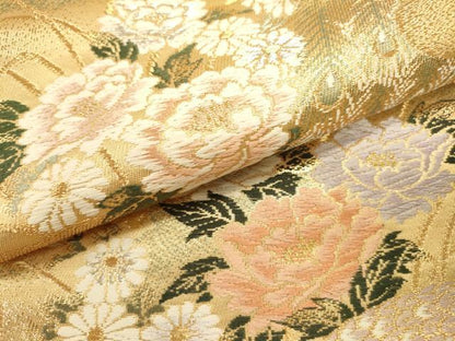 平和屋本店▼六通柄袋帯　唐織　孔雀花文　弐拾四金二重織　正絹　逸品　DABJ7519fe