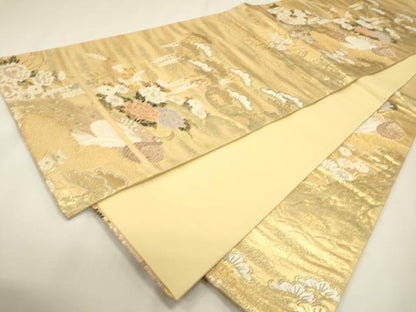 平和屋本店▼六通柄袋帯　唐織　孔雀花文　弐拾四金二重織　正絹　逸品　DABJ7519fe