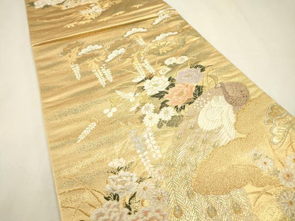 平和屋本店▼六通柄袋帯　唐織　孔雀花文　弐拾四金二重織　正絹　逸品　DABJ7519fe