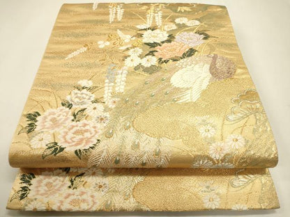 平和屋本店▼六通柄袋帯　唐織　孔雀花文　弐拾四金二重織　正絹　逸品　DABJ7519fe