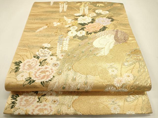 平和屋本店▼六通柄袋帯　唐織　孔雀花文　弐拾四金二重織　正絹　逸品　DABJ7519fe