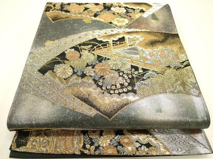平和屋本店▼六通柄袋帯　地紙花鳥文　純金二重引箔織　正絹　逸品　DABJ7556fe