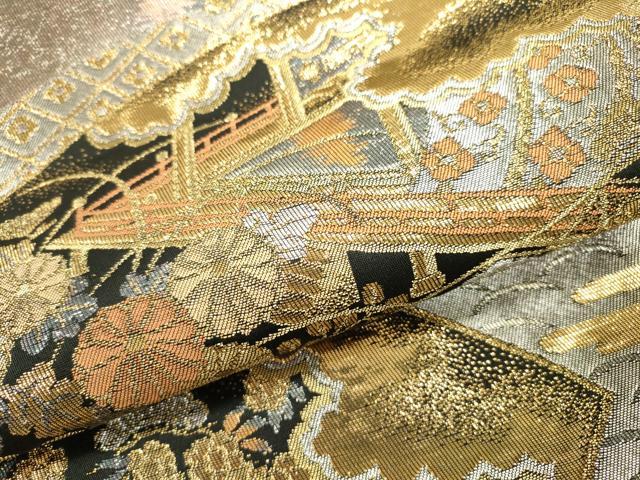 平和屋本店▼六通柄袋帯　地紙花鳥文　純金二重引箔織　正絹　逸品　DABJ7556fe