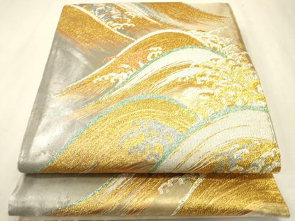 平和屋着物▼西陣　六通柄袋帯　立波文　金銀糸　引箔　証紙付き　正絹　逸品　未使用　DABJ7584fe