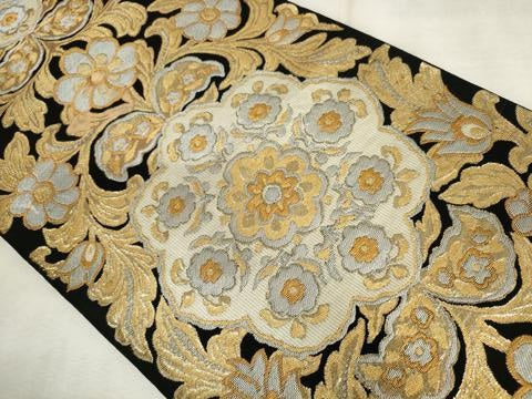 平和屋着物◎六通柄　本袋帯　唐織　花唐草文　黒地　金銀糸　正絹　逸品　AABM6519od