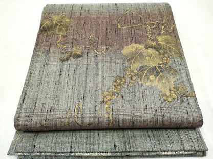 平和屋着物●両面　全通柄袋帯　紬地　藤　金糸　正絹　逸品　CABM9848hy