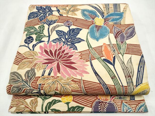 平和屋着物●両面　全通柄　本袋帯　型染め　草花文　正絹　逸品　CABM9854hy