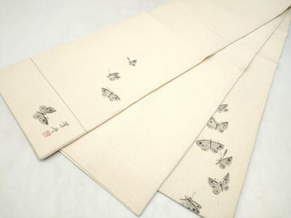 平和屋着物●六通柄袋帯　作家物　手描き　舞蝶文　金通し地　正絹　逸品　CABM9874hy