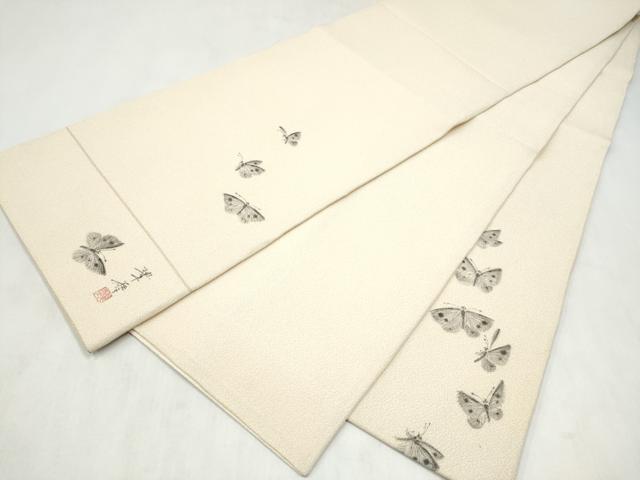 平和屋着物●六通柄袋帯　作家物　手描き　舞蝶文　金通し地　正絹　逸品　CABM9874hy