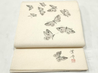 平和屋着物●六通柄袋帯　作家物　手描き　舞蝶文　金通し地　正絹　逸品　CABM9874hy
