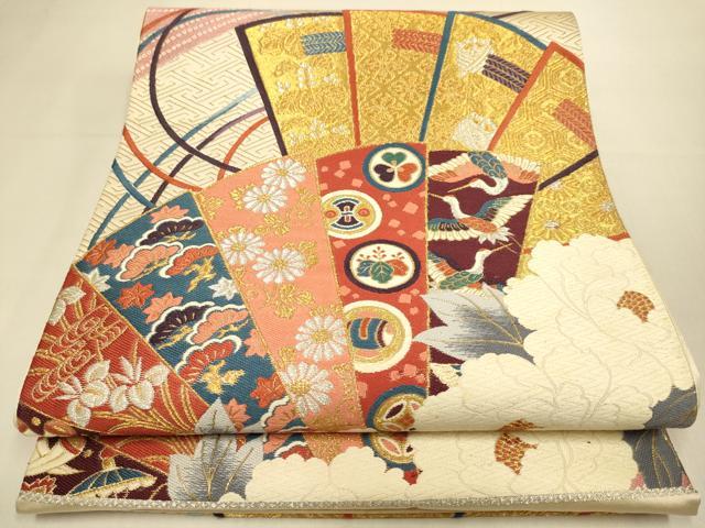 平和屋本店▼西陣　六通柄袋帯　唐織　檜扇吉祥花文　本金箔　証紙付き　正絹　逸品　未使用　DABK7571du