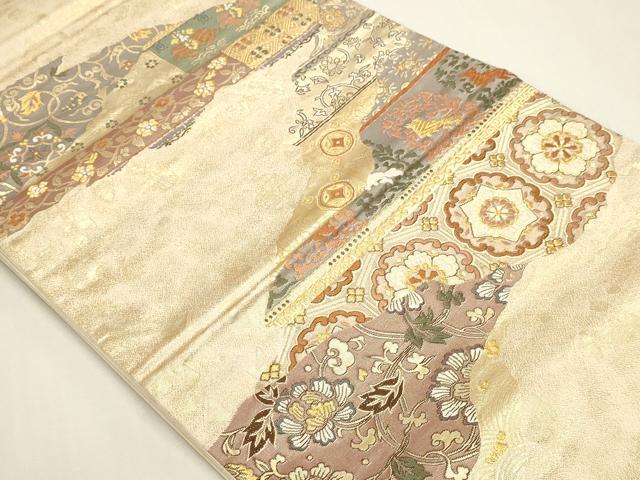 平和屋本店▼六通柄袋帯　更紗花文　うるし箔　本金箔　正絹　逸品　DABK5560sf