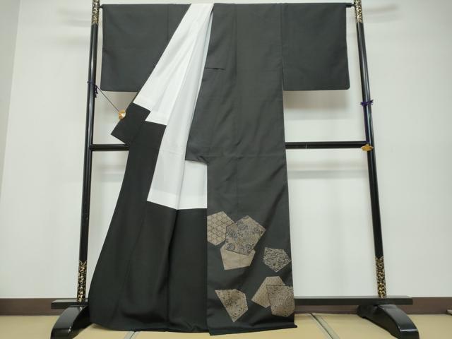 平和屋着物●本場縞大島紬　訪問着　吉祥草花文　黒地　正絹　逸品　DABK0536ud
