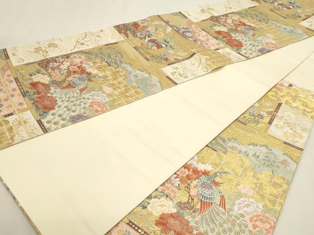 平和屋本店▼六通柄袋帯　孔雀花文　本金箔　正絹　逸品　DABK5556sf