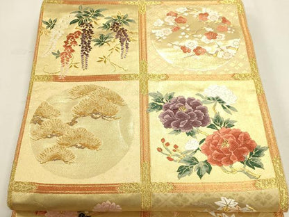 平和屋本店▼六通柄袋帯　唐織　枝花文　松竹梅　本金箔　正絹　逸品　DABK5593sf