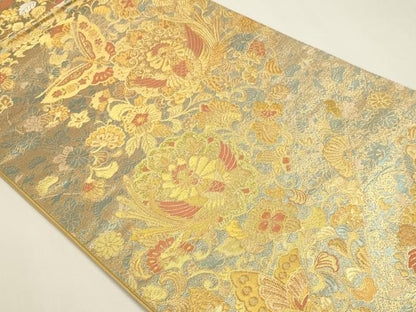 平和屋本店▼六通柄袋帯　鳳凰花蝶文　本金箔二重　正絹　逸品　DABK5583sf