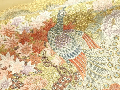 平和屋本店▼六通柄袋帯　孔雀花文　本金箔　正絹　逸品　DABK5556sf