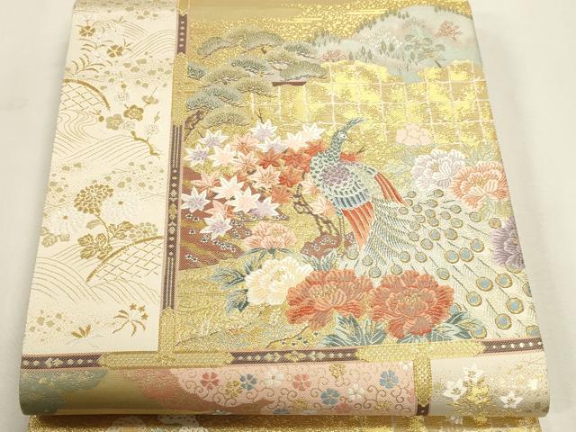 平和屋本店▼六通柄袋帯　孔雀花文　本金箔　正絹　逸品　DABK5556sf