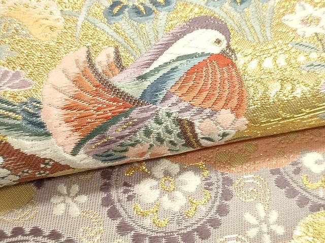 平和屋本店▼六通柄袋帯　孔雀花文　本金箔　正絹　逸品　DABK5556sf