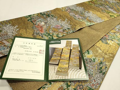 平和屋本店▼西陣　廣部商事謹製　全通柄袋帯　唐織　京洛時代祭還幸絵巻　弐拾四金箔使用　分析通知書付き　正絹　逸品　DABK5554sf