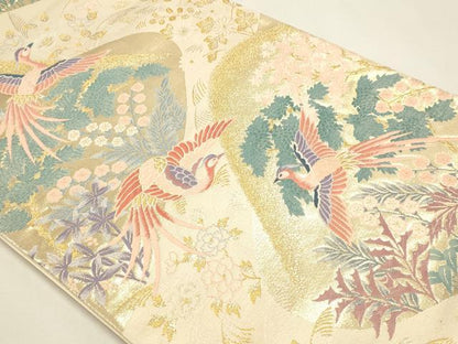 平和屋本店▼六通柄袋帯　唐織　山鳥草花文　純金箔　正絹　逸品　DABK5626sf