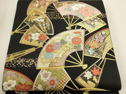 平和屋本店▼六通柄袋帯　唐織　春秋百扇文　黒地　本金箔　正絹　逸品　DABK5600sf