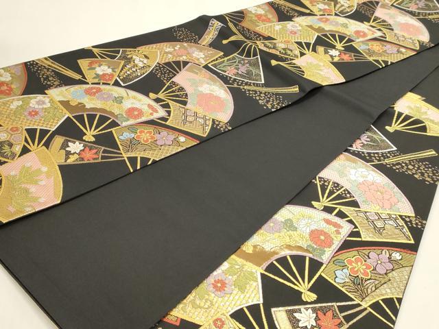 平和屋本店▼六通柄袋帯　唐織　春秋百扇文　黒地　本金箔　正絹　逸品　DABK5600sf